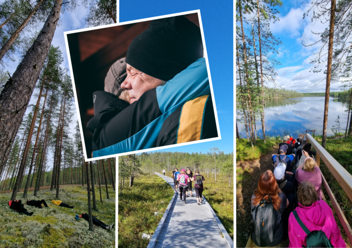 Kuvakollaasissa on ihmisiä Neuroliiton sopeutumista tukevilla kursseilla Hossassa ja Rokualla