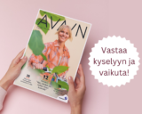 Kuvassa näkyvät naisen kädet, jotka pitelevät Avain-lehteä. Kuvassa lukee: Vastaa kyselyyn ja vaikuta!